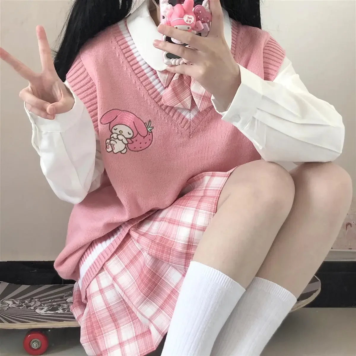 Japanese cute Sanrio Kuromi women sweater college style uniform knit sweater vest loose My Melody girl sweet sleeveless women sweater