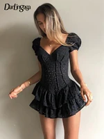Darlingaga Fashion V Neck Ruffles Pleated Dress Women Puff Sleeve Chic Black Summer Dress Party Hollow Out Vintage Corset Ladies 1
