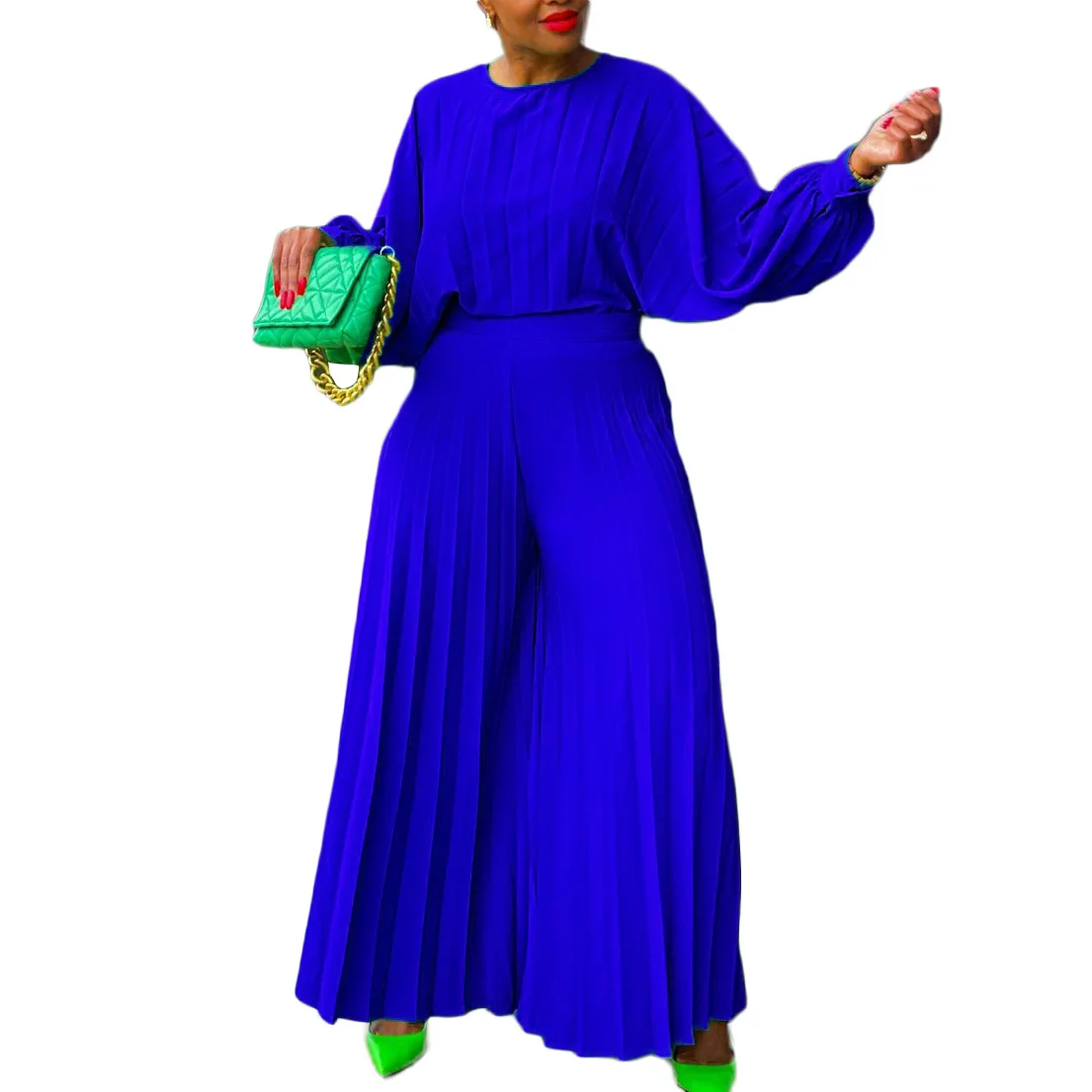 

Summer Fashion African Women Long Sleeve O-neck Polyester White Green Yellow Blue 2PCS Sets Top Long Pant Matching Sets