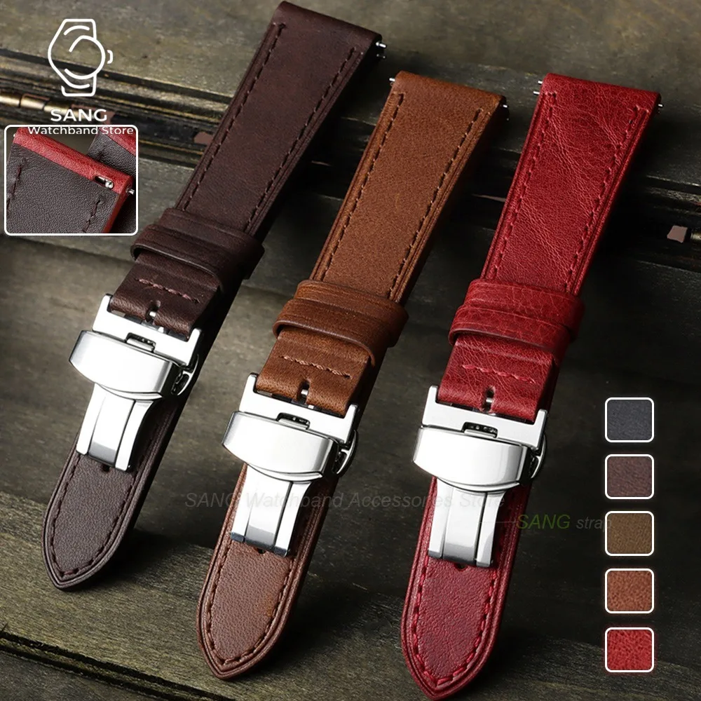 Vintage Leather Watch Strap with Butterfly Buckle - Universal Business Bracelet