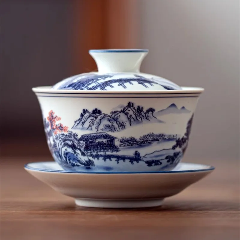 Jingdezhen Blue and White Porcelain Covered Bowl, Large Kung Fu Ceramic Tea Bowl, San Cai Gaiwan Handheld Bowl