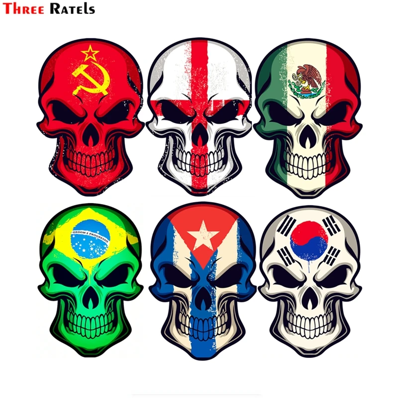 Three Ratels FTC-794# 12x17.4cm England Mexico Cuba Brazil South Korea Uni Soviet Flag Skull Car Stickers On Motorcycle Decal