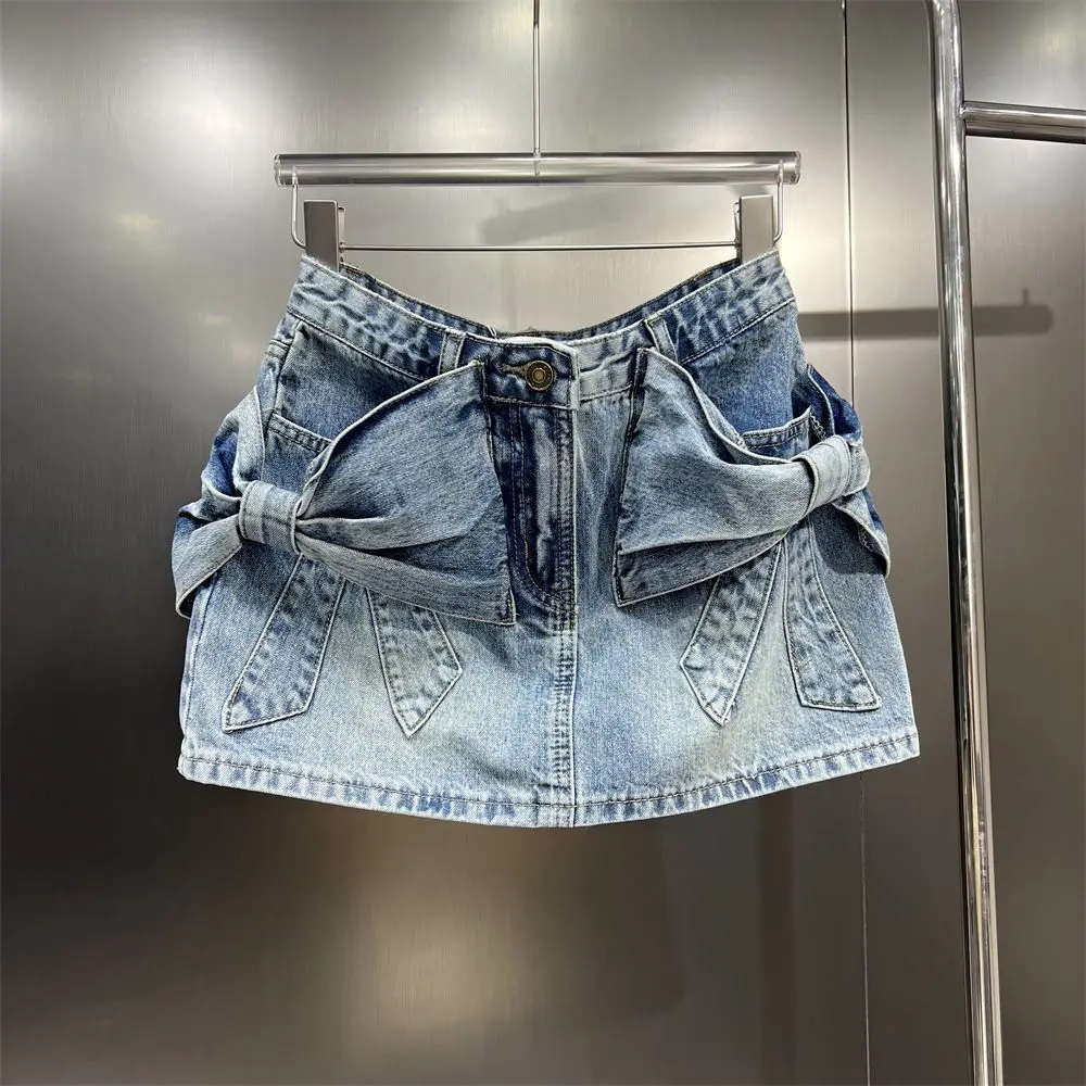 design bow denim short skirt, fashionable and spicy girl, anti slip half skirt, high waist A-line wrapped hip skirt