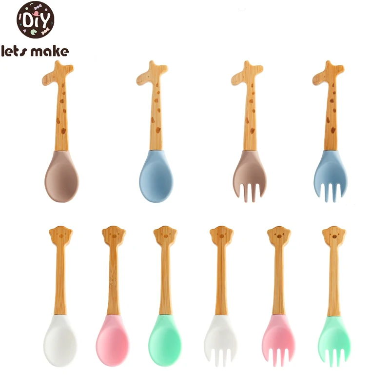 

Baby Silicone Fork Spoon Feeding Tableware Bear Giraffe Wooden Handle Free BPA Silicone Fork Spoon For Toddler Feeding Supplies