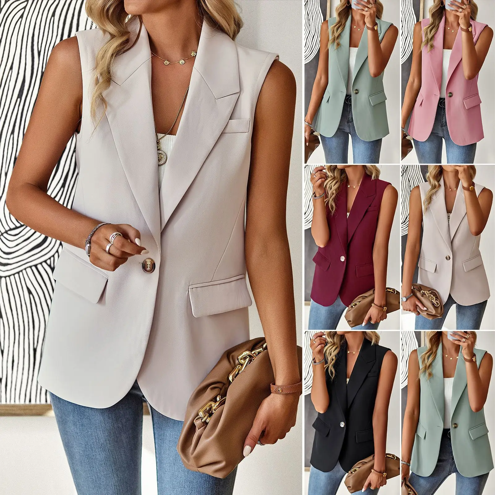 

Blazer Women Vest Coat 2023 Chic Sleeveless Waistcoat Button Jacket Autumn Casual Blazers Ladies Suits Solid Color Outwear