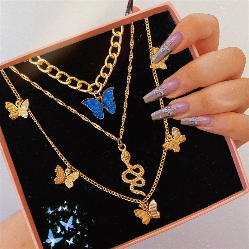 Vintage Butterfly Heart Pendant Multilayer Necklaces Gold Chain for Women 2022 Temperament Choker Wedding bohemia Jewelry Gifts |