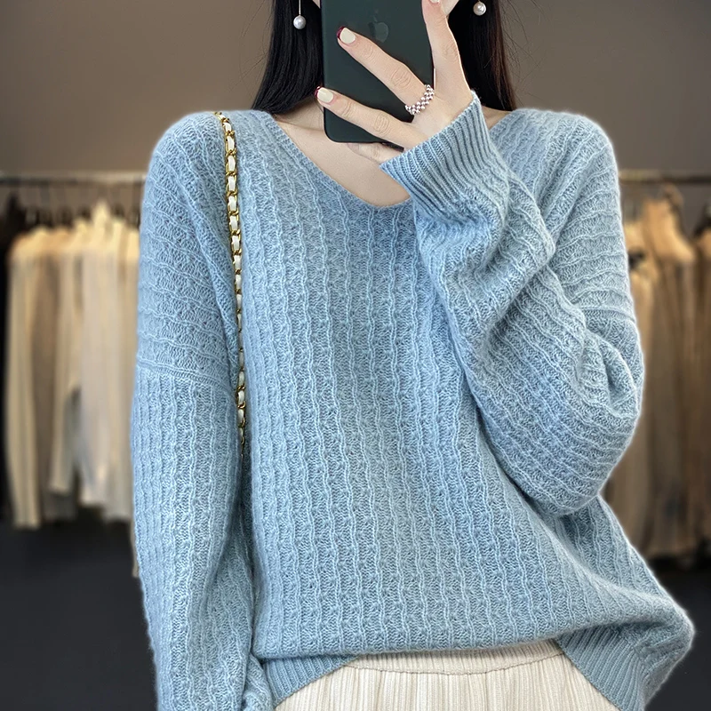 

New 100% Wool Sweater Women's V-neck Top Casual Loose Plus Size Knitted Korean Edition Thickened Autumn/Winter Pullover