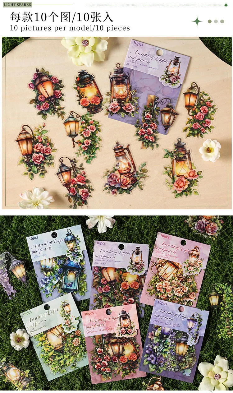 10 Stück Vintage leichte Pflanzenblumen PET wasserfeste Aufkleber für DIY Scrapbooking Journal Fotoalbum Dekoration Materialien Aufkleber – Detail 6