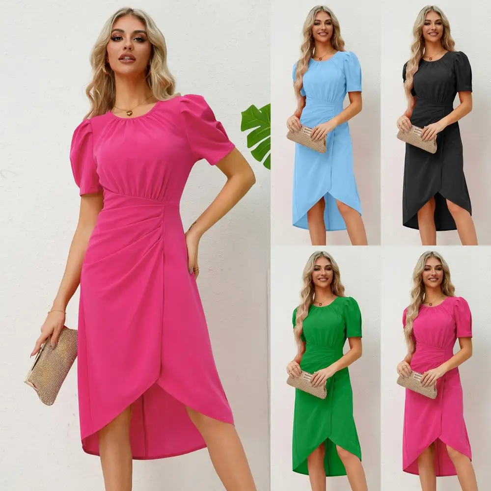 

Women's Sexy Short Sleeve Crewneck Puff Dress Wedding Guest Cocktail Evening Party Work Faux Wrap Ruched Midi Dresses