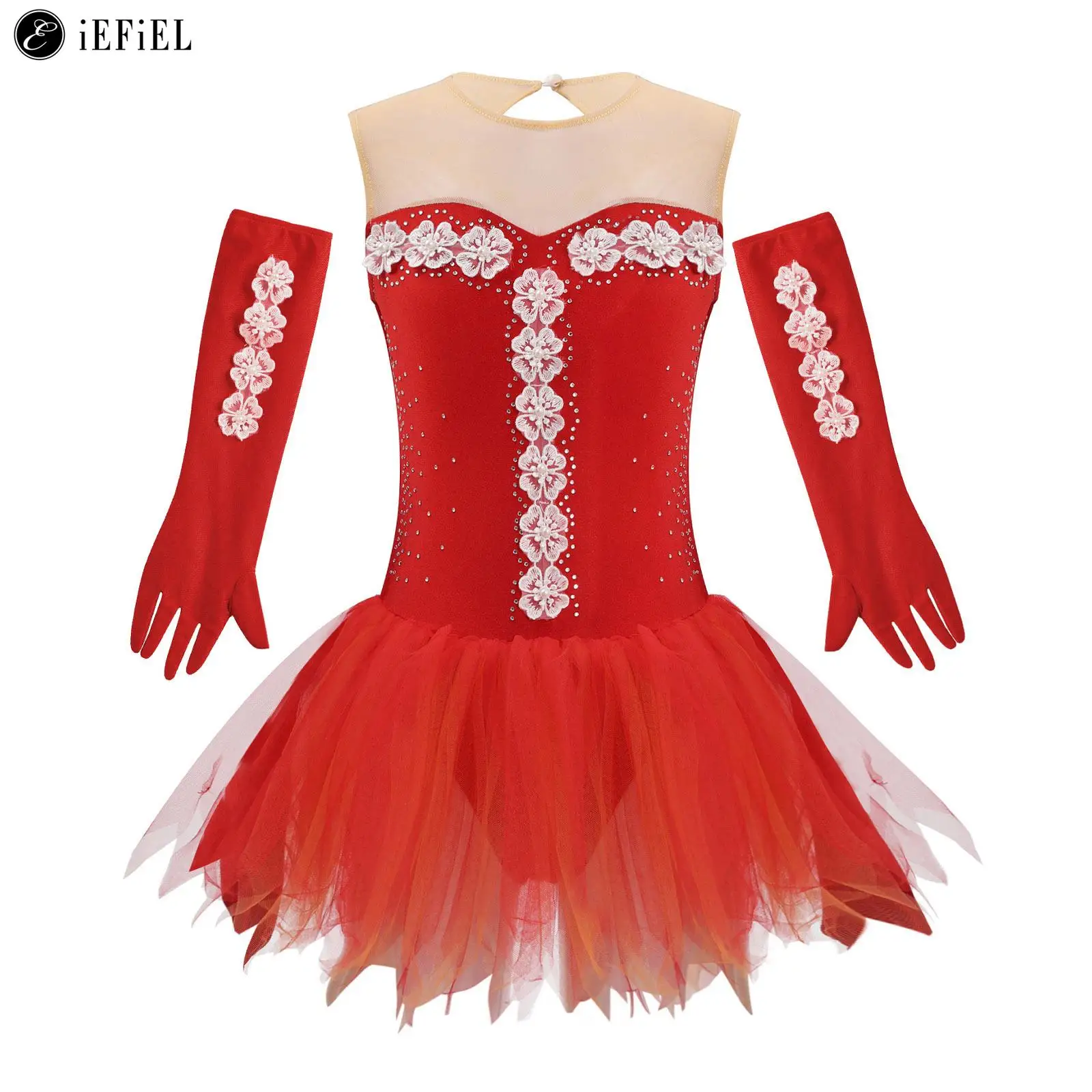 

Girls Rhinestone Flower Ballet Dance Dress Ice Skating Gymnastics Tutu Skirted Leotard Ballerina Performance Costume Dancewear