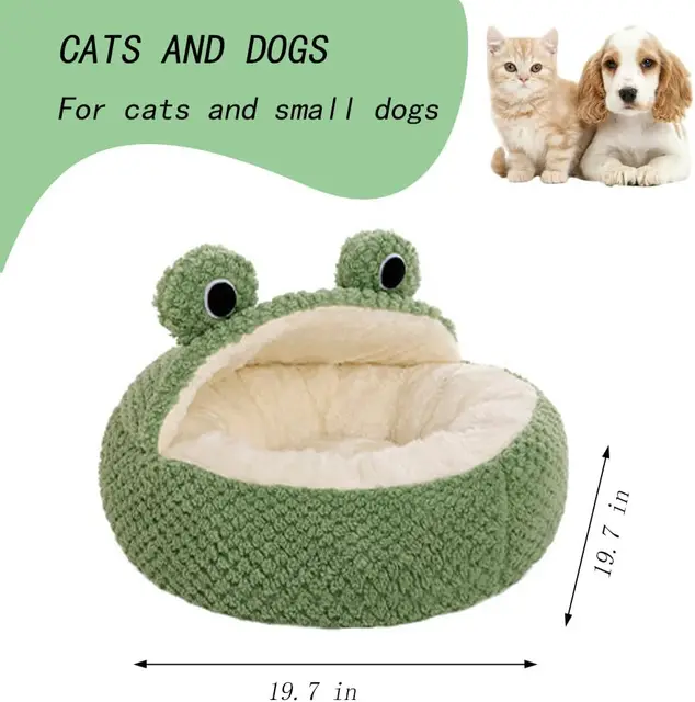 Pet Bed for Small Dogs Cats, Winter Warm Plush Round Puppy Bed Green Cartoon Frog Design Dog Nest Cat Basket 4