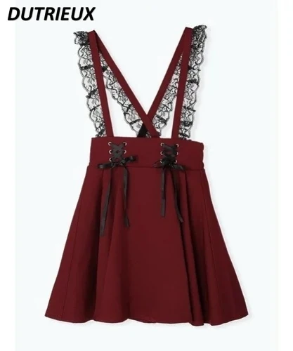 

Japanese Style Simple Lace Casual Lolita Skirt Girls Summer High Waist Skirts Female Sweet Pleated A- Line Suspender Skirt Women
