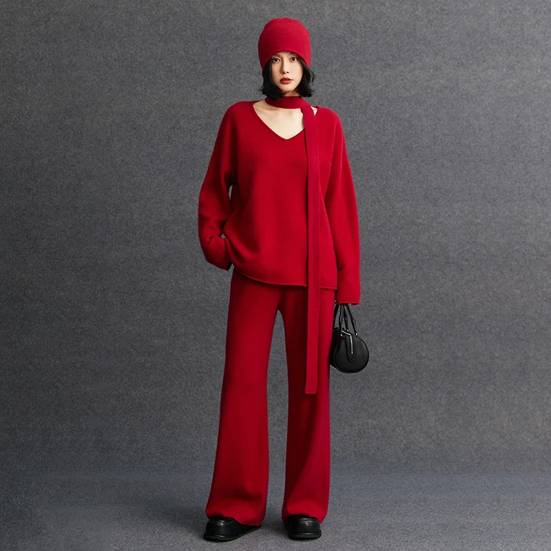 Women's matching set 100% cashmere loose rolled edge V-neck pullover sweater casual solid knitted wide leg pants two-piece set 5