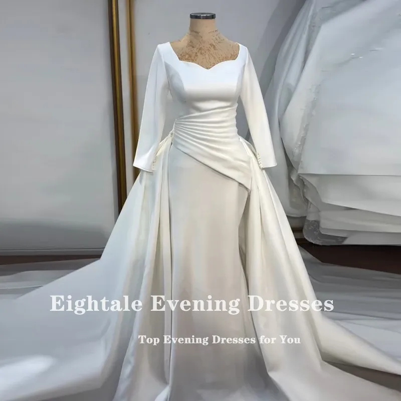 Eightale Arabic Wedding Dress V-Neck Customized White Ivory Mermaid Long Sleeves Beaded Muslim Satin Bridal Gown Robe De Mariée