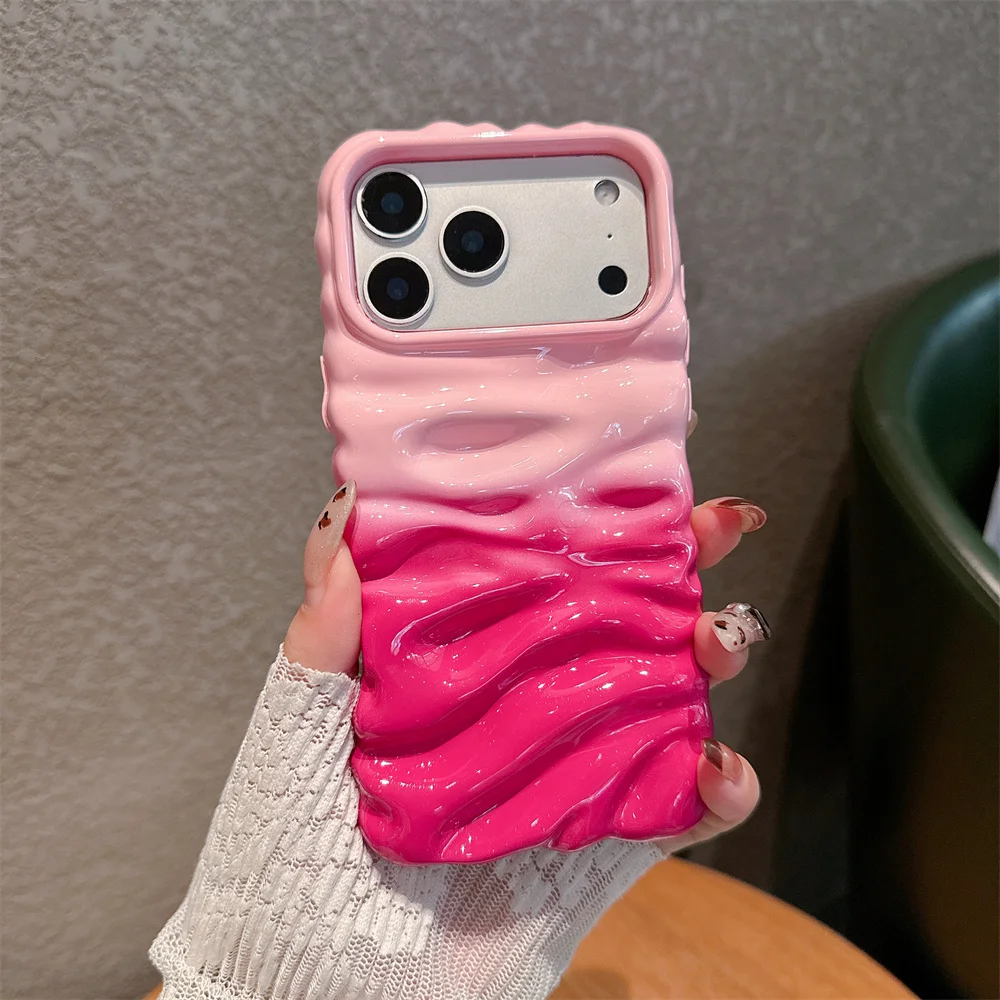 Gradient Pleated Water Ripple Glossy Phone Case - Dual Color Protective Back Cover