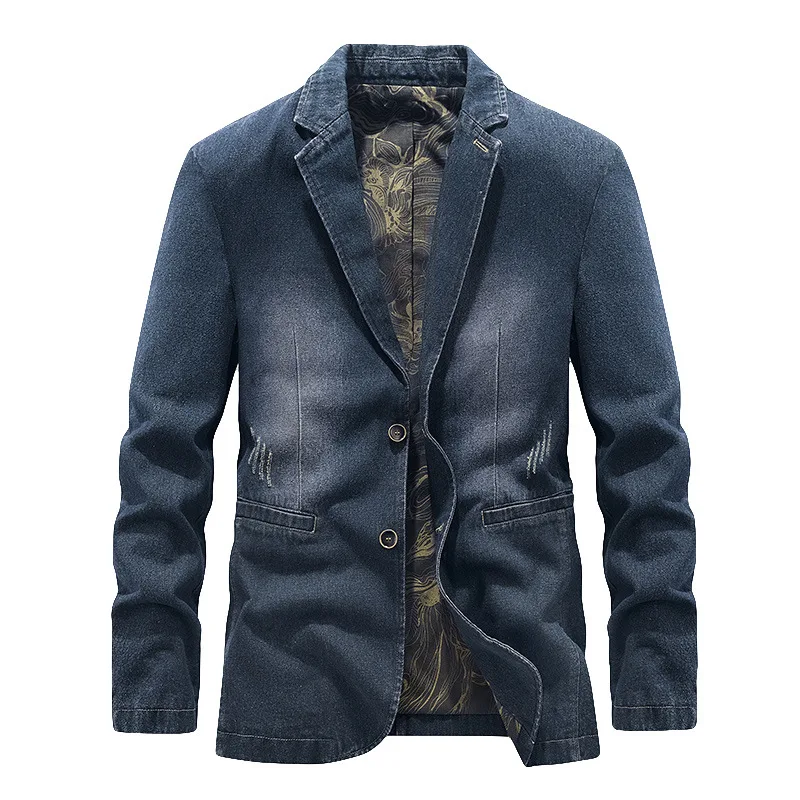 Men's New, Handsome Denim Double Buckle blazer, Youth Fashion Autumn, Business Casual Denim blazers