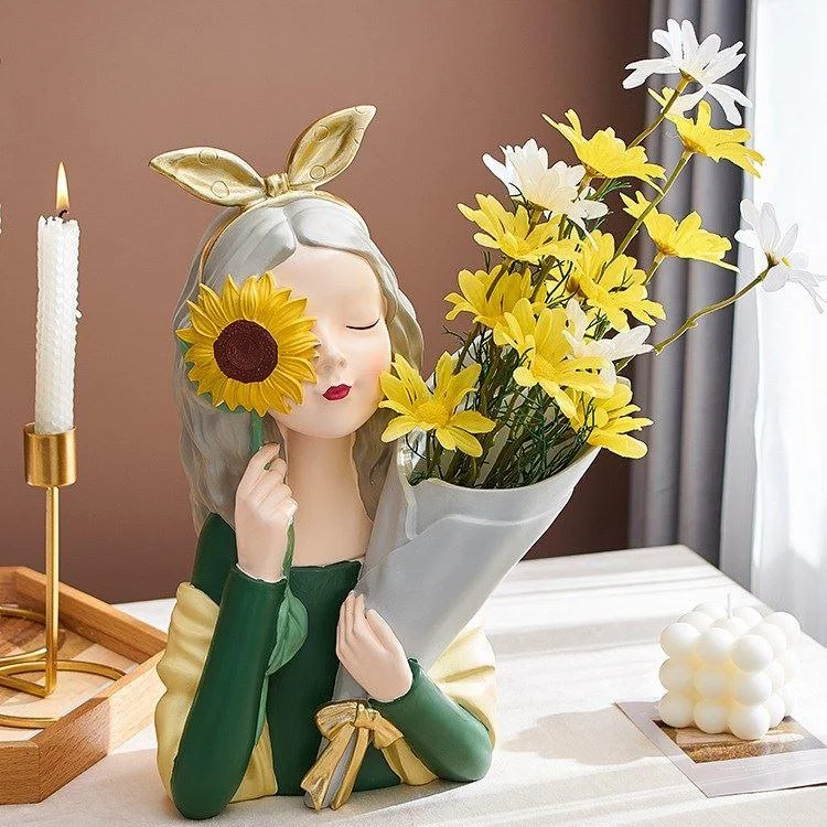 

Creative Flower Vase Nordic Moden Girl Resin Bouquet Statue Table Decorative Sculpture Home Living Room Desk Figurine Decoration