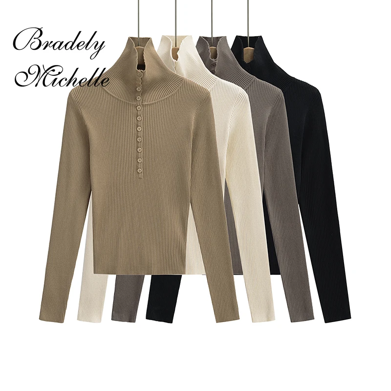 

Women's Slim Streetwear Retro Single-breasted Turtleneck Sweater Mujer Solid Long Sleeve Pullover Top Knit