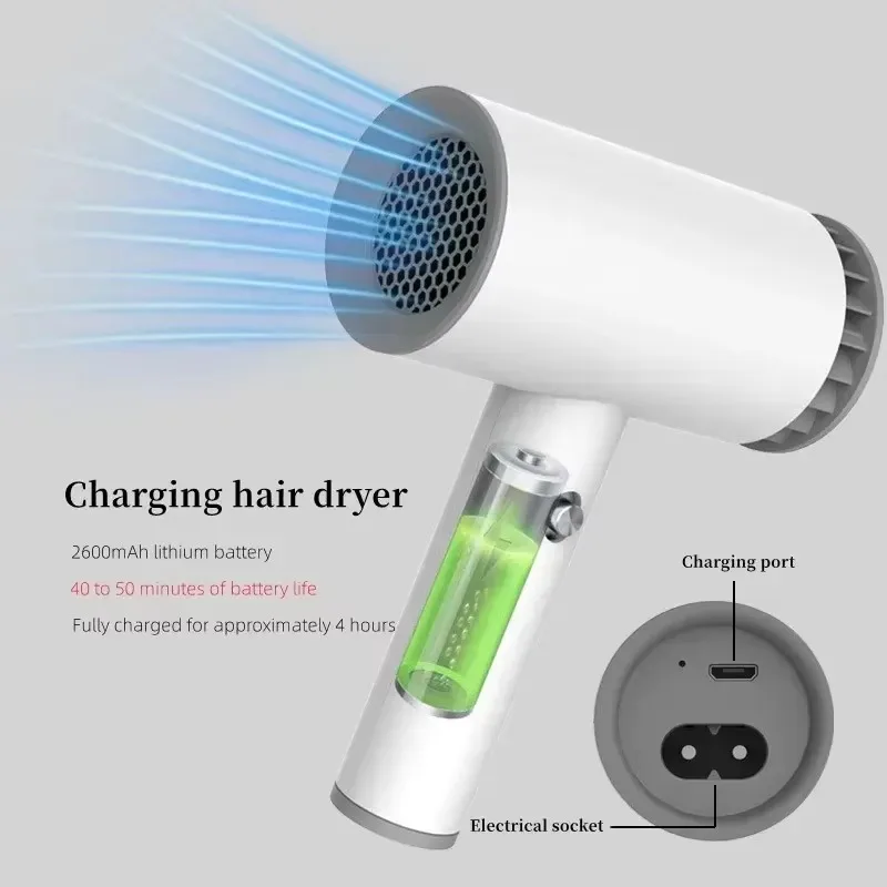 Portable Wireless Hair Dryer Travel Lithium Battery Rechargeable Blow Dryer Strong Wind Plug In Hot Air