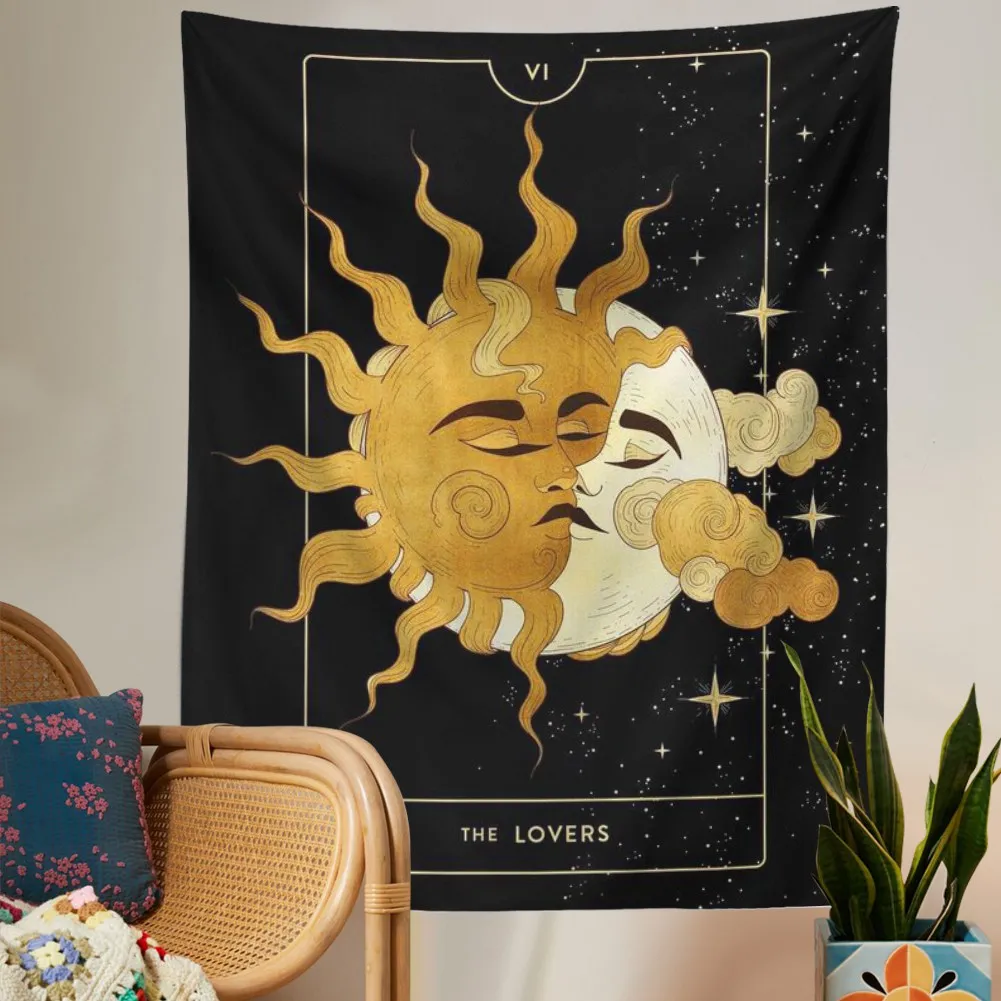 

Sun Moon Tarot Tapestry Black Starry Sky Vintage Tapestry Wall Hanging Aesthetic Lovers Tapestries for Living Room Bedroom Decor