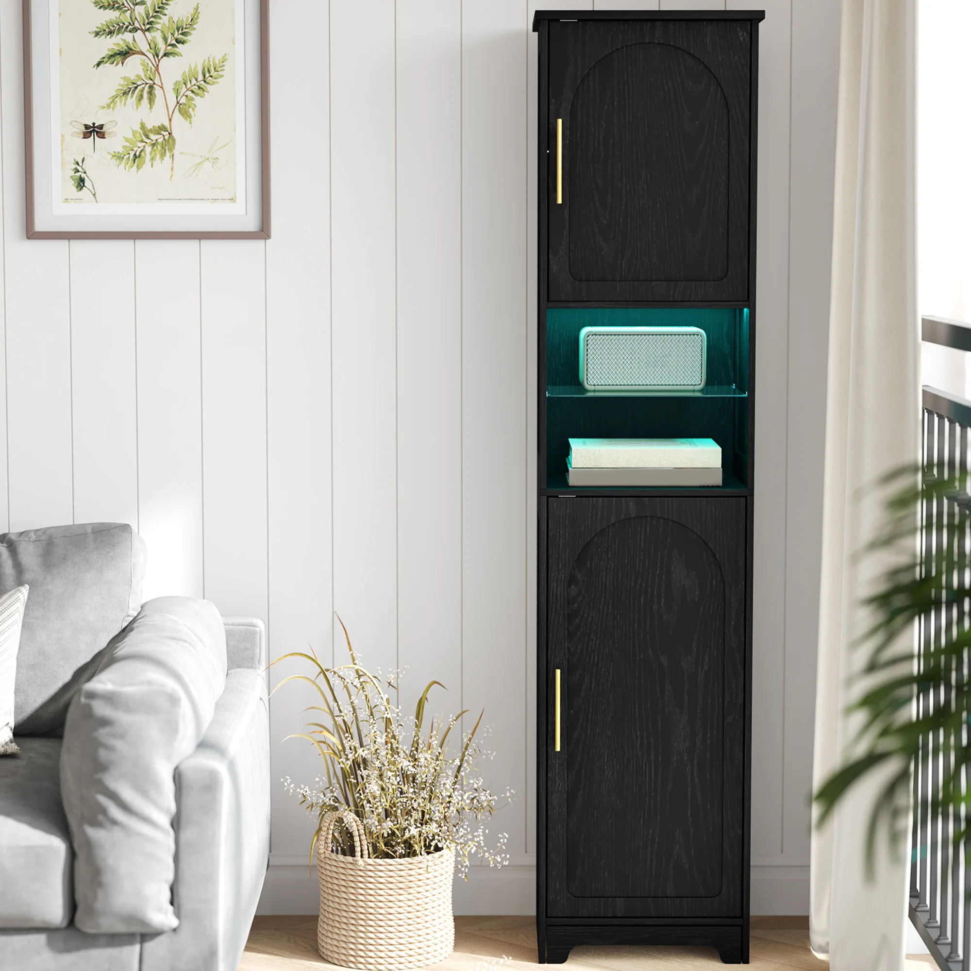 Tall Bathroom Cabinet with Lights,Slim Bathroom Storage Unit with and Adjustable Shelves,Narrow Storage Unit for Small Spaces