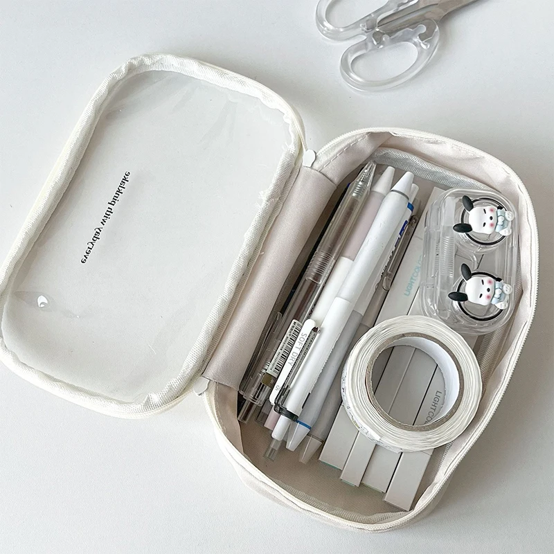 용량 학생 연필 파우치, 심플한 베이지 컬러 시리즈 연필 케이스, 투명 하이 문구 스크랩북 보관 가방