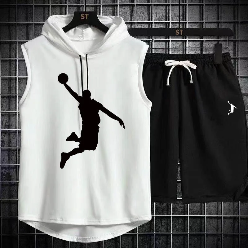 New Summer Mens Muscle Hoodie Vest Sleeveless Bodybuilding Gym Workout Fitness Shirt High Quality Vest Hip Hop Sweatshirt suit sports suit sports vest sports set