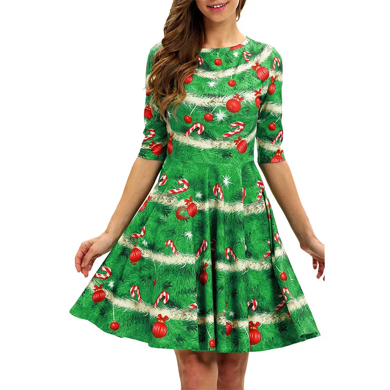 

Green Christmas Tree Dress Santa Claus Nightmare Before Christmas Performance Costume Stage Outfit Mini Dress Carnival Women