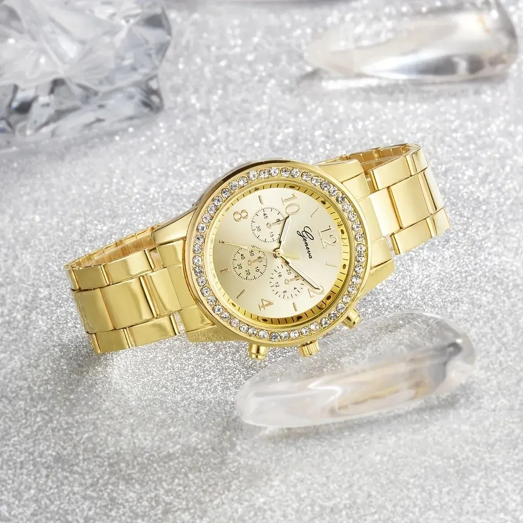 5 PCS Set Gold Watch Women Luxury Ring Necklace Earrings Rhinestone Fashion Wristwatch Female Casual Watches Bracelet Set 5