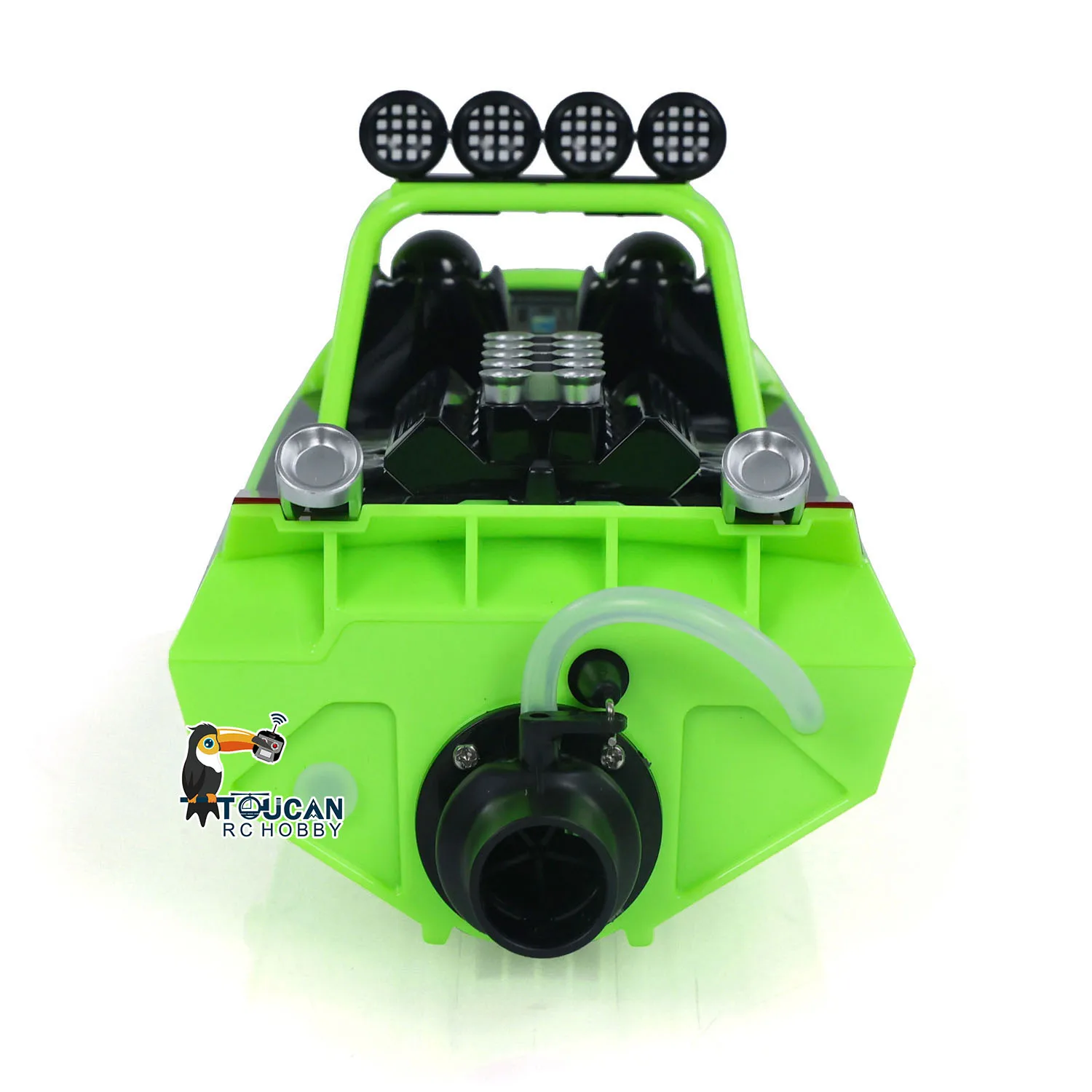 Détail des hélices et du système de propulsion du bateau télécommandé Turbojet 2.4G auto-redressant avec LED vertes.