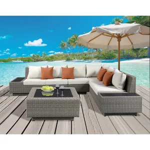 ACME Salena Patio Sectional & Cocktail Table in Beige Fabric & Gray Wicker