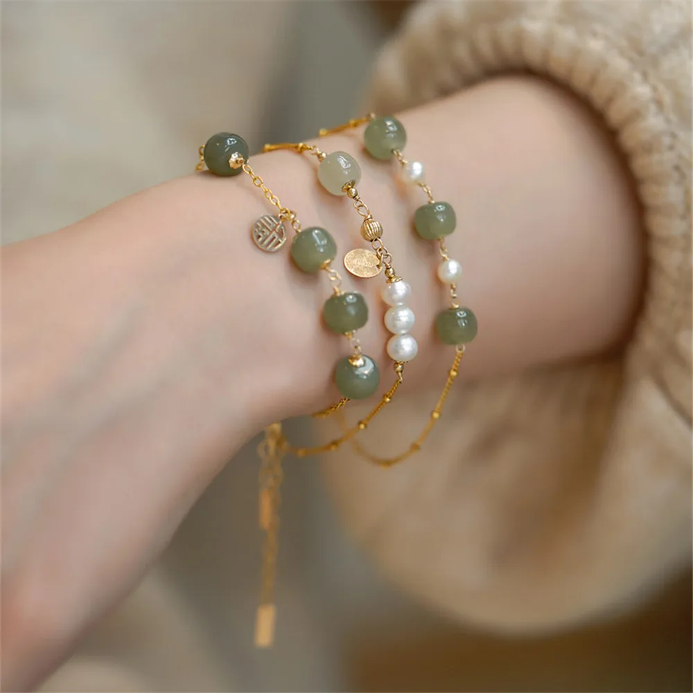 

Natural Hetian Jade Pearl Bracelet Lucky Pendant Luxury Jewelry 14K Gold Filled Design Handmade Adjustable Bracelet Girl Gift