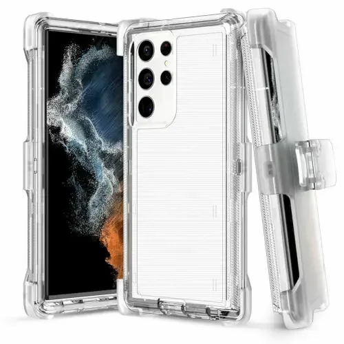 Shockproof Defender Hard Heavy Duty Clear Case with Belt Clip Holster and Screen Protector