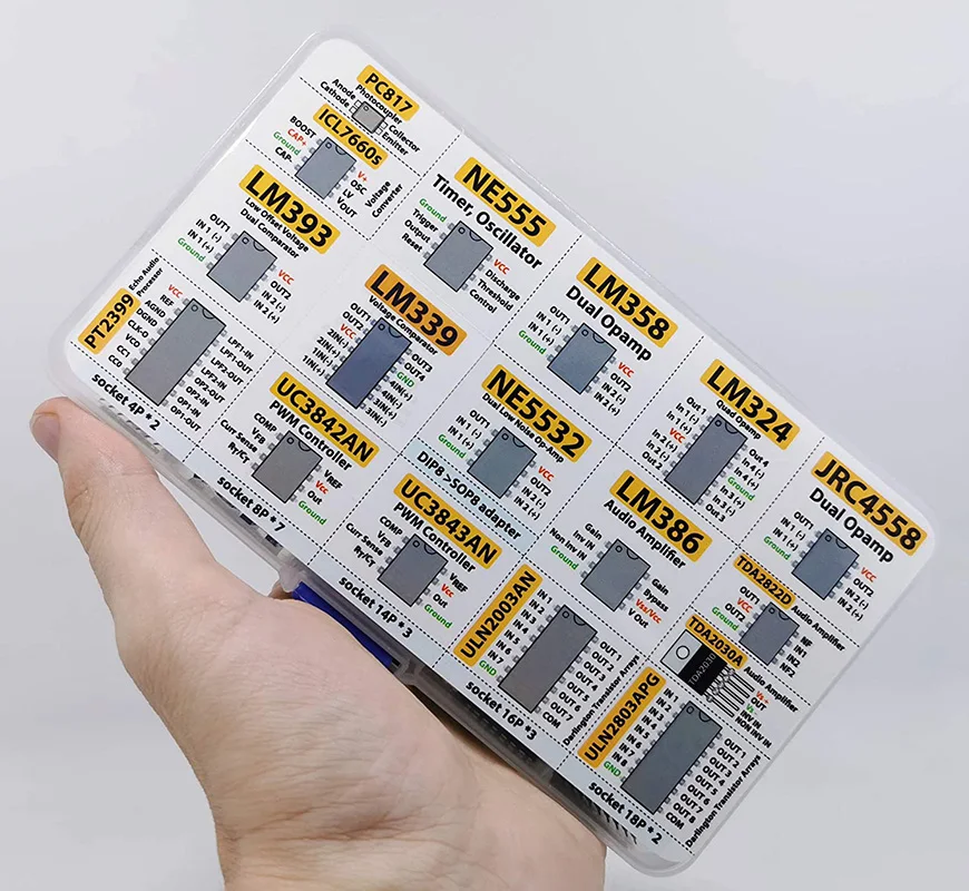 

IC Chip Assortment 150 pcs, opamp, oscillator, pwm, PC817.7660 incl. Sockets