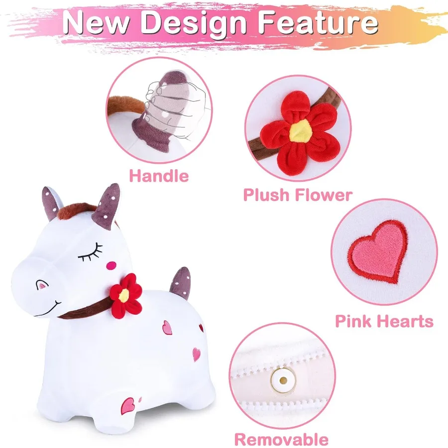iPlay iLearn Bouncy Pals White Hopping Horse Inflatable Bouncing Animal Hopper Toy with Pump Plush Ride on Bouncer for Indoor O