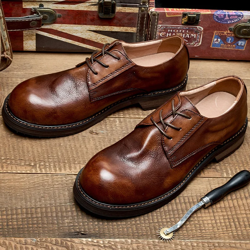 British Vintage Handmade Leather Casual Shoes Round Toe Soft Leather Business Dress Shoes Men's Wedding Workwear