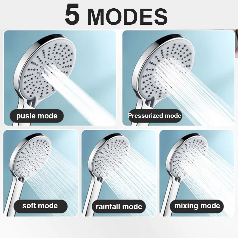 New 5 Modes Shower Head High Pressure Big Panel Large Flow Silver Black Showers Massage Handheld Showerhead Bathroom Accessories 3