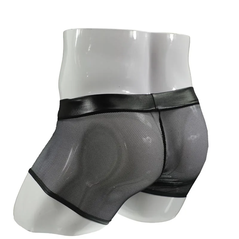Men Sissy Faux Leather Wet Look Pouch Sheer Mesh Boxer Brief Hot Under Pants Underwear Fetish Bottom Lingerie Outfit