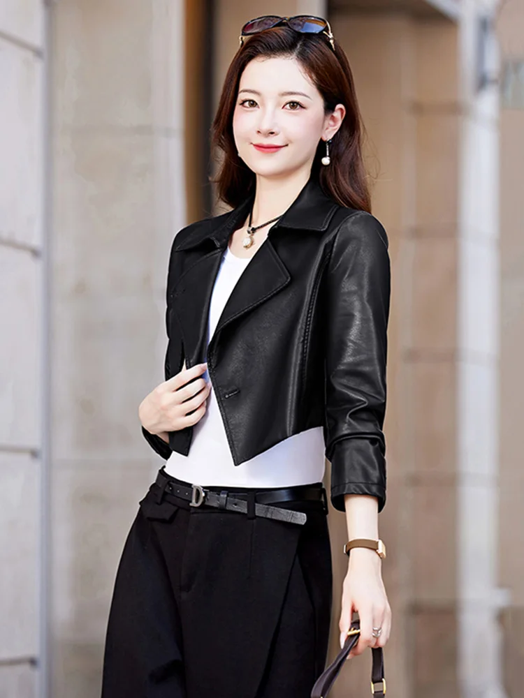 Nouveau Blazer court en cuir pour femmes Printemps Automne Veste chic décontractée à col tailleur et à un seul bouton Cuir fendu Manteau noir