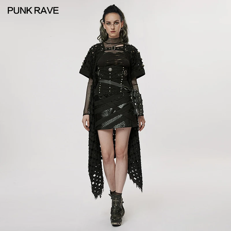 

PUNK RAVE Women's Coat Hollow Out Cardigan Punk Decadent Ripped Asymmetrical Hem Handsome Personality Long Coat