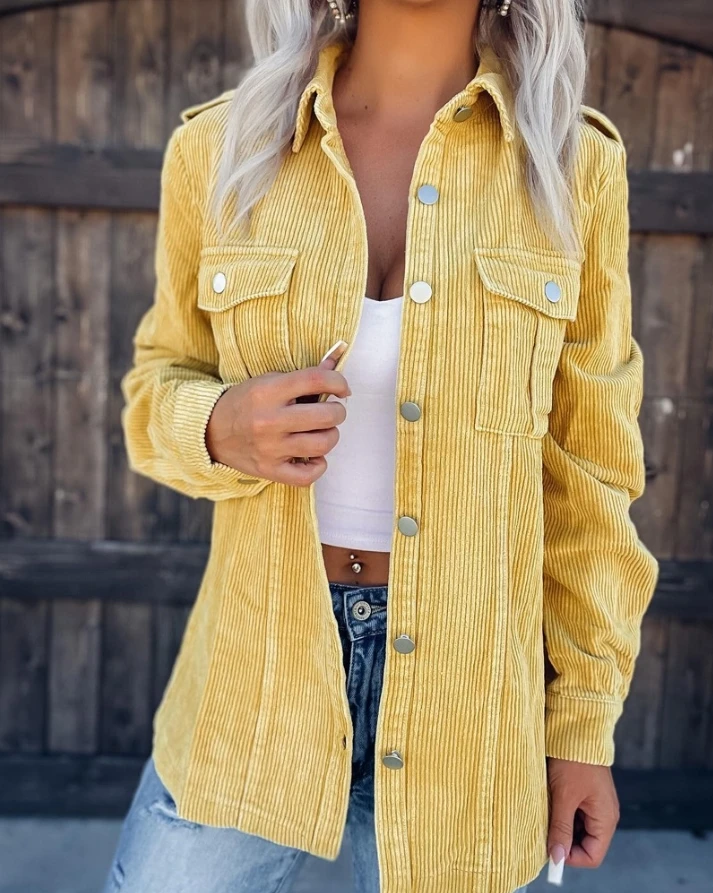 

Autumn and Winter Series Temperament Commuting Solid Color Coat Long Sleeved Button Down Corduroy Fashion New Coat for Women