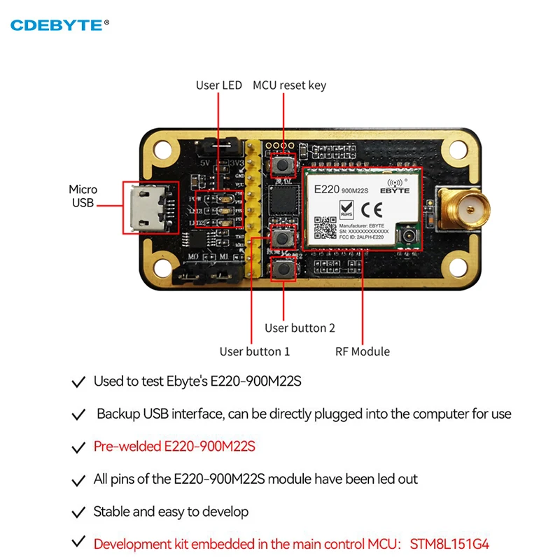 LoRa LLCC68 E220-900MBL-01 E07/E30/E220/E32/E22와 호환되는 사전 용접된 E220-900M22S 개발 키트 IoT 개발 안정