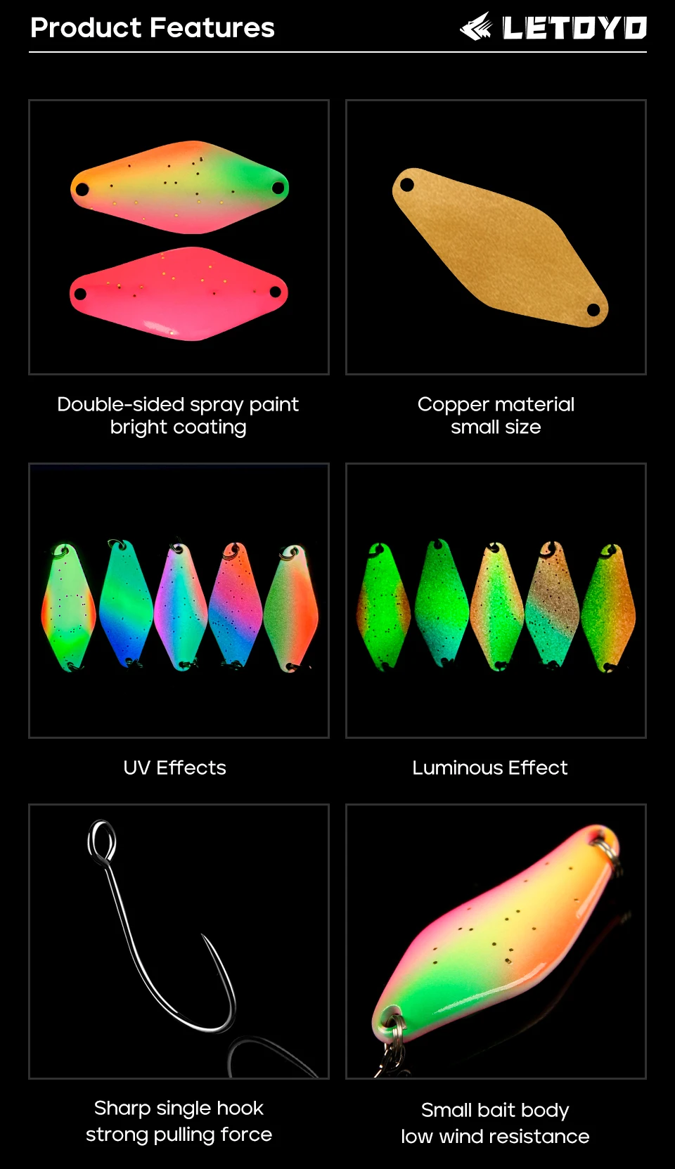 LETOYO 2,5g 4g Rhombus Löffel Köder UV Leuchtende Spinner Köder Löffel Angeln Köder Bereich Forelle Forellen Löffel Jigspinner Barsch Köder – Detail 4