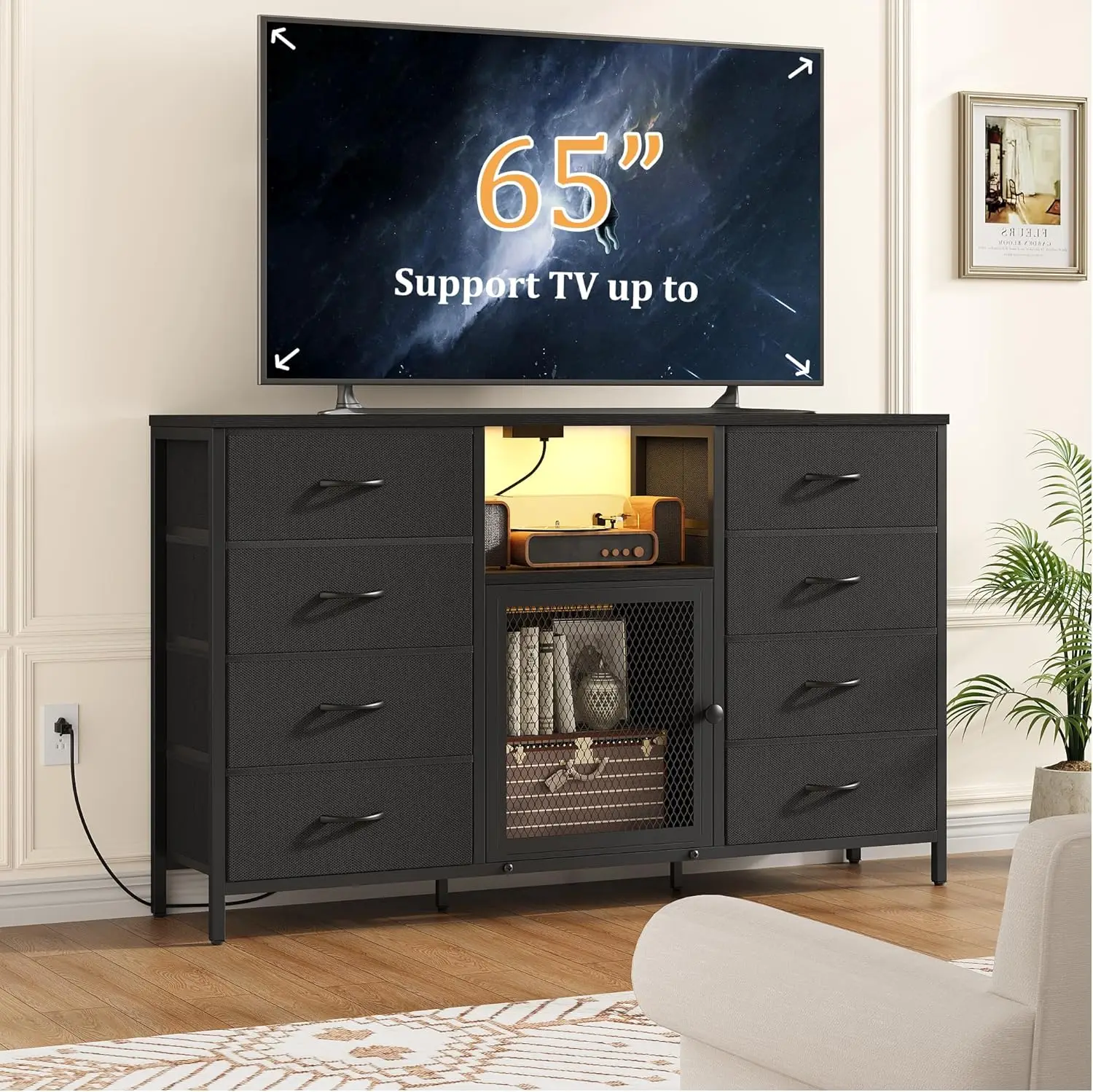 TV Stand for 65" TVs with LED Lights & Charging Station, 8 Fabric Drawers, Wood Top, Bedroom/Living Room Closet – Black