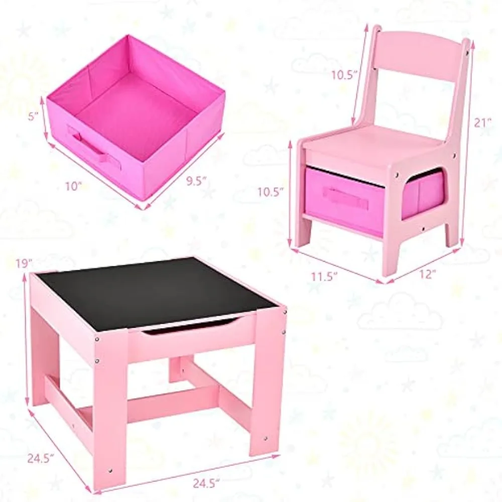 Costzon Kids Table and Chair Set, 3 in 1 Wooden Activity Table with Storage Drawer, Detachable Tabletop for Children