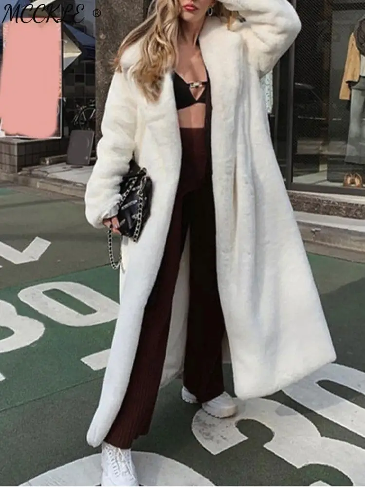 2021 Winter Long White Faux Fur Coat Women Fluffy Warm Oversized Lapel