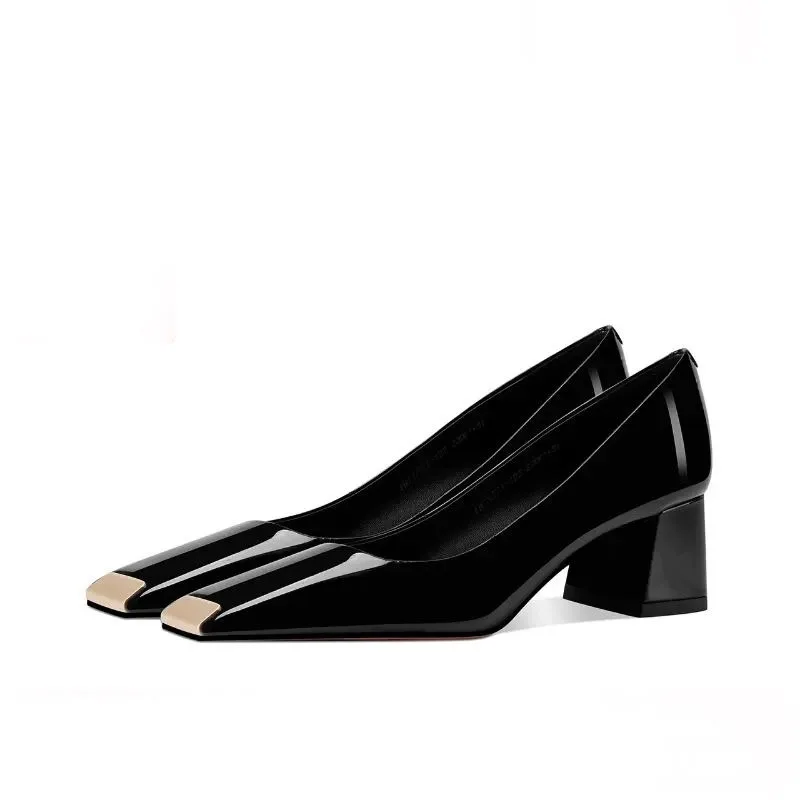2025 new spring ladies pumps chunky heels leather square head shallow mouth with fashion comfortable commuter work women's shoes 5