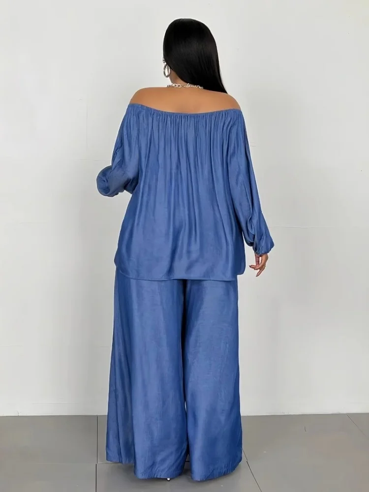 Wmstar Two Piece Set Women Wholesale A Solid Color Large Size Spring Set Imitating Denim A One Shoulder Loose Top Wide Leg Pants