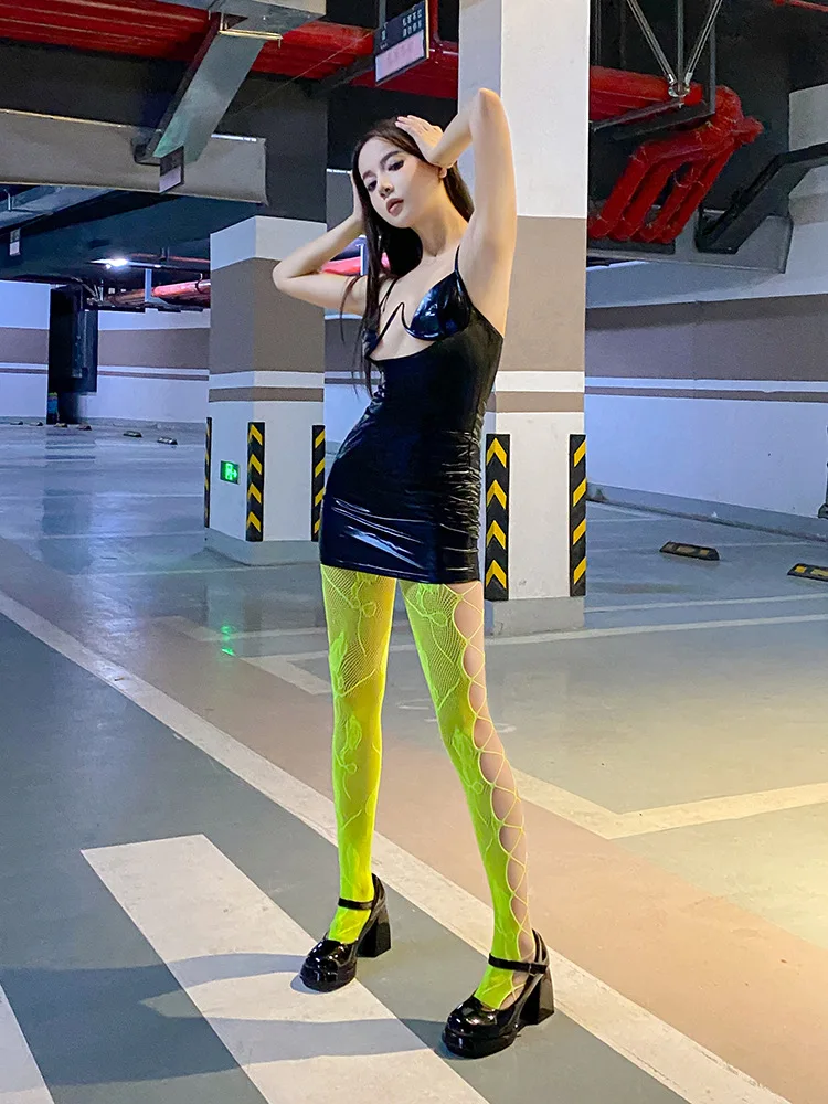 Sommer Mode Frauen Farbige Blumenmuster Neon Grün Netz Strumpfhosen Fishnet Strumpfhosen Bein Seite Hohl Strumpfhosen Damen Nylon Strumpfhosen – Detail 6