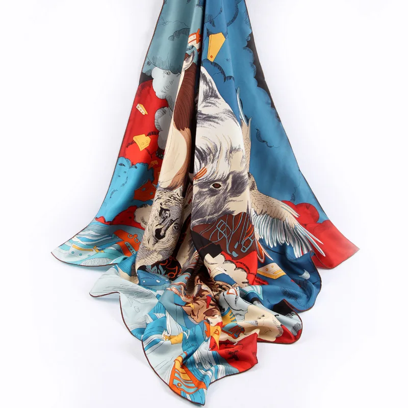 Luxury 100% Twill Silk Scarf Unisex Man Women Fashion Tribal Style Animal Shawl Hijab Kerchief 90*90cm